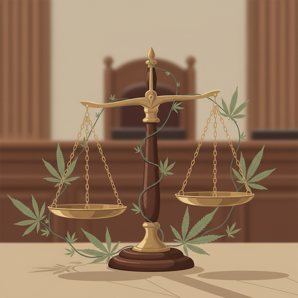 Illustration of legal scales with cannabis leaves