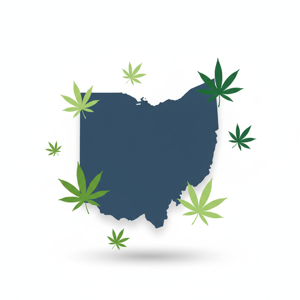 Illustration of the state of Ohio in dark blue with stylized green cannabis leaf icons arranged around its borders on a clean white background, minimalist flat design with soft shadows, no text.