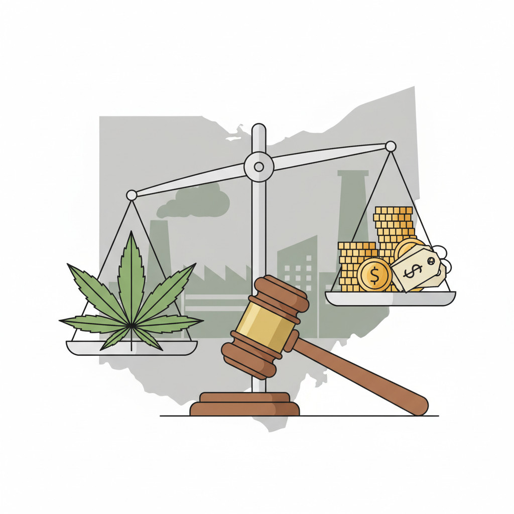 Conceptual illustration of Ohio map silhouette with a gavel, balance scale showing a cannabis leaf versus stacked coins, and silhouettes of multistate operator buildings, in a muted green and gray palette