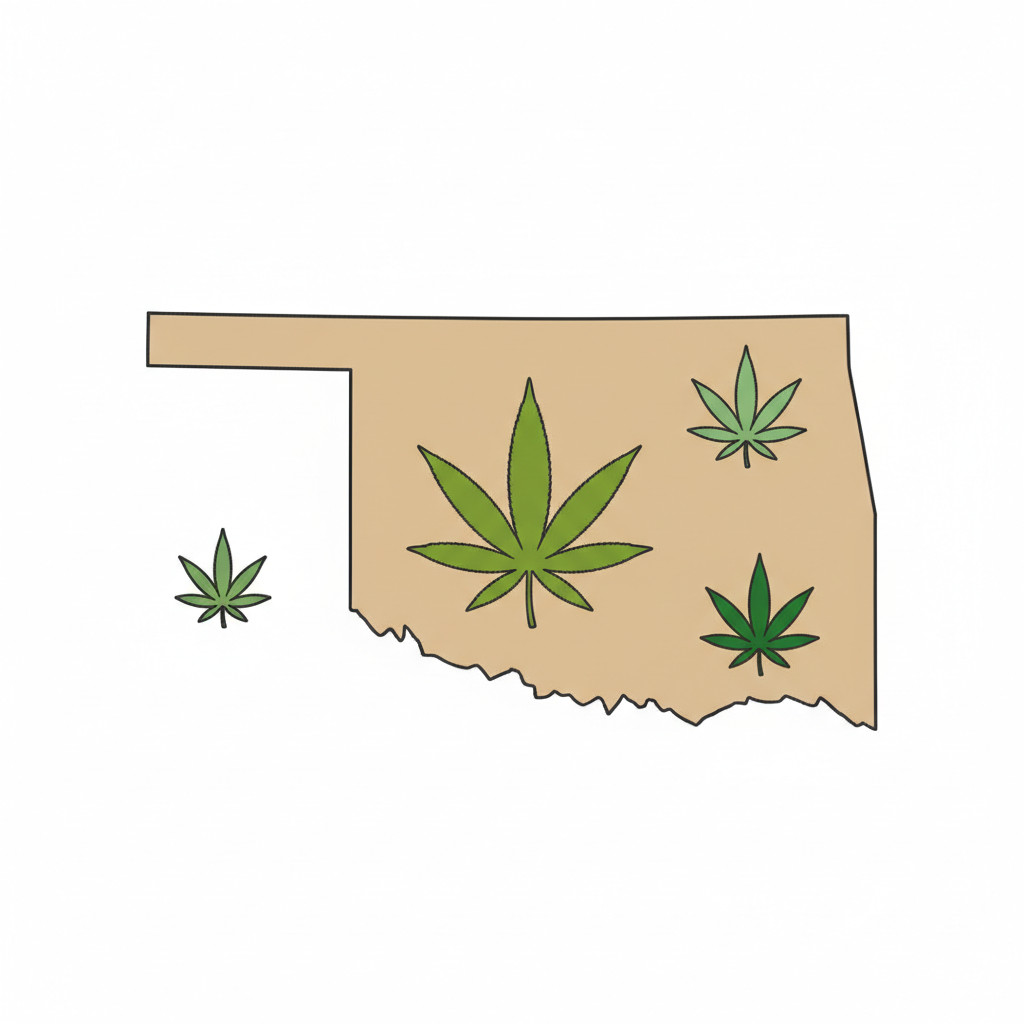 Illustrated map of Oklahoma with stylized cannabis leaves highlighting multiple regions