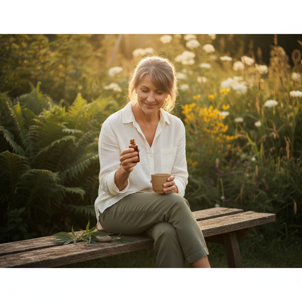 Mature woman relaxing with CBD oil on a sunlit porch surrounded by soft greenery
