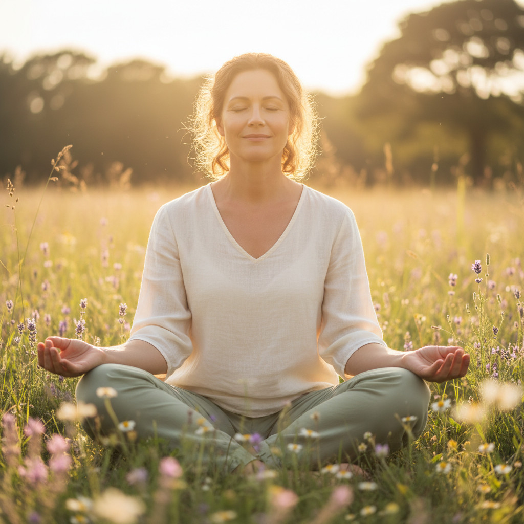 A peaceful midlife woman meditating outdoors in a sunlit meadow with soft botanical elements