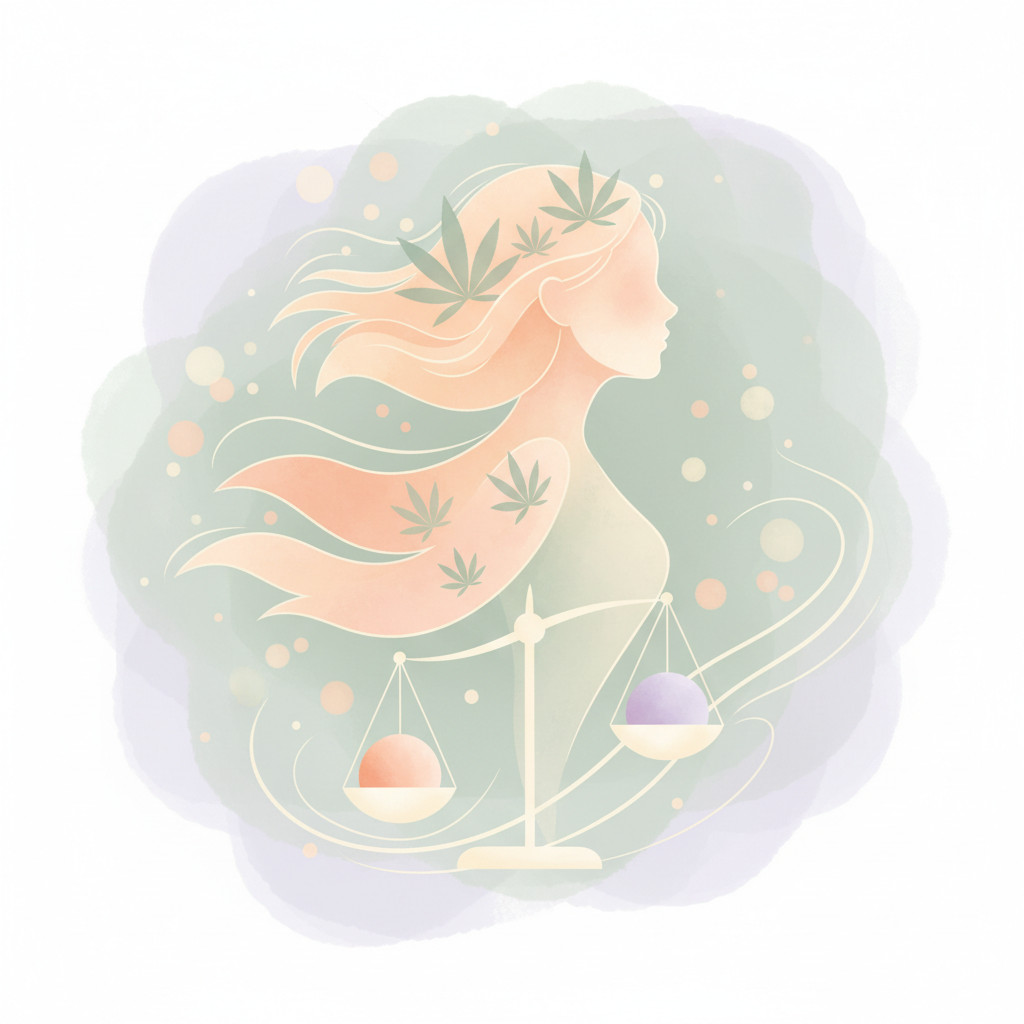 Calming illustration of a stylized female silhouette with a subtle cannabis leaf and balance scale in soft pastels