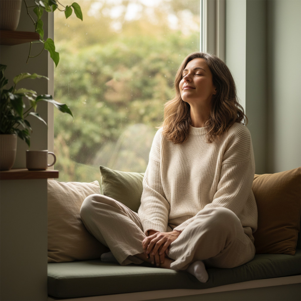 A woman in her early to mid forties sits on a window seat bathed in soft natural light. Her eyes are closed and she smiles gently, hands resting on her lap. The scene uses muted greens and warm beige tones to convey calm and relief during perimenopause.