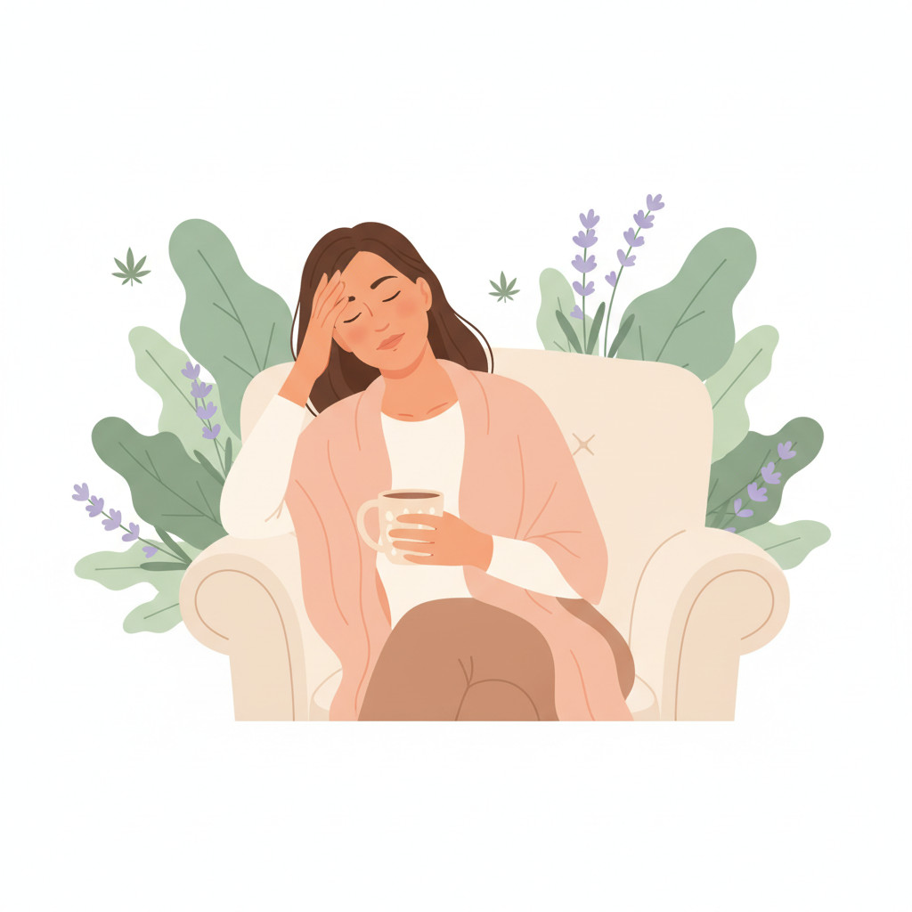 Woman holding a warm cup, seated in a soft chair with subtle natural foliage including cannabis leaves