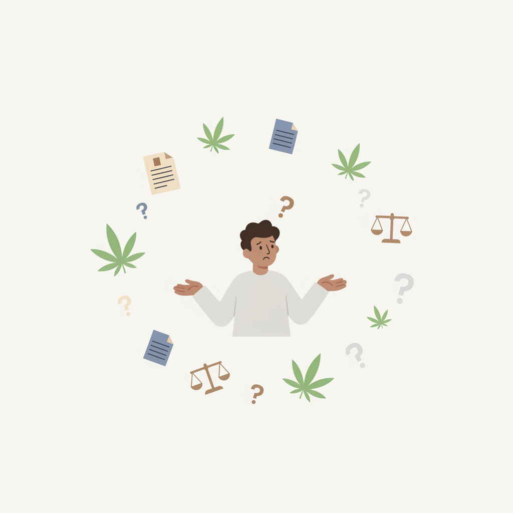 A neutral, gender non specific figure looks puzzled at the center, surrounded by floating question marks, stylized hemp leaves, and simple legal document icons to represent uncertainty in CBD policy.
