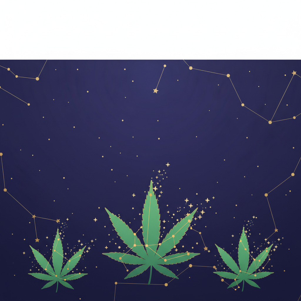 Symbolic illustration of zodiac constellations blending into stylized cannabis leaves against a deep indigo sky