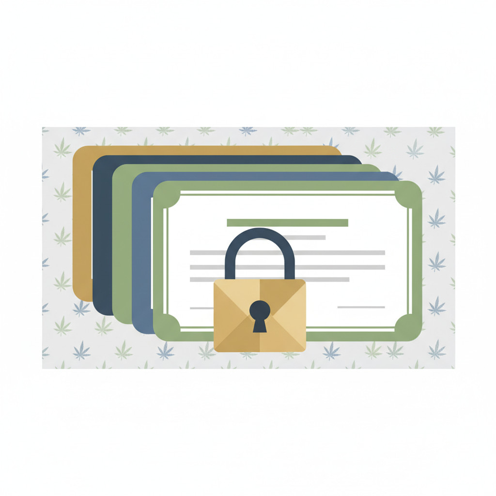 Illustration of a stack of abstract bond certificates with a padlock and subtle cannabis leaf motif in muted greens, soft gold, slate blue, and light gray.
