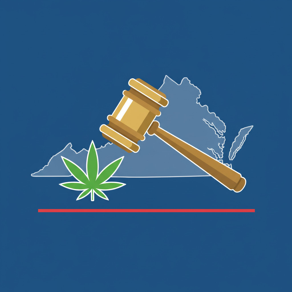 A clean vector illustration showing a wooden gavel angled toward a green cannabis leaf, set over a subtle outline of Virginia. The background uses deep blue with white and muted gold accents to echo Virginia flag colors. The composition conveys law, regulation, and the state-level focus on penalties for cannabis retail.