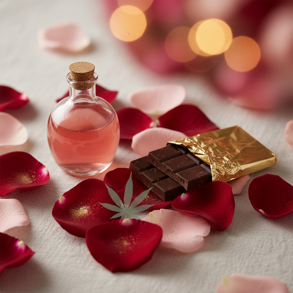Warm romantic still life showing rose petals, a partially unwrapped dark chocolate bar, a small glass bottle with pink liquid, and a subtle green cannabis leaf tucked among petals