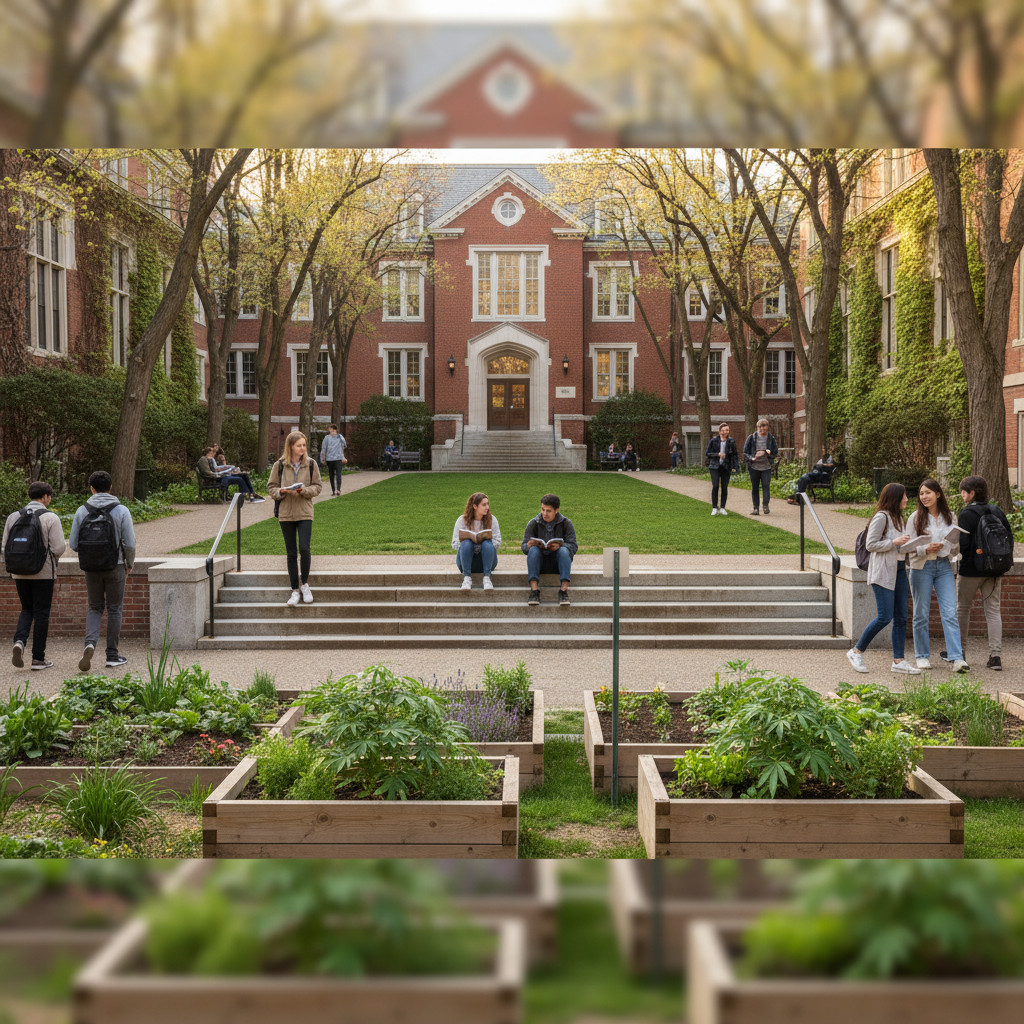 University campus quad with subtle cannabis plants