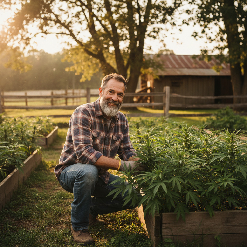 Warm farm portrait evoking Jim Belushi’s hands-on approach to cannabis