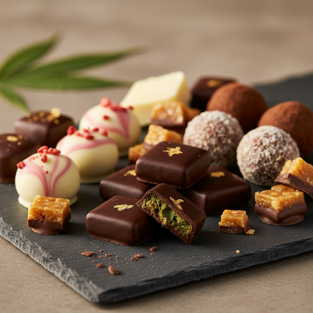 Assorted gourmet cannabis-infused chocolates on a dark slate board