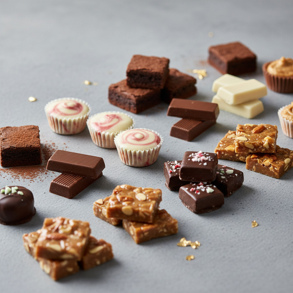 A variety of weed chocolates in different shapes and colors