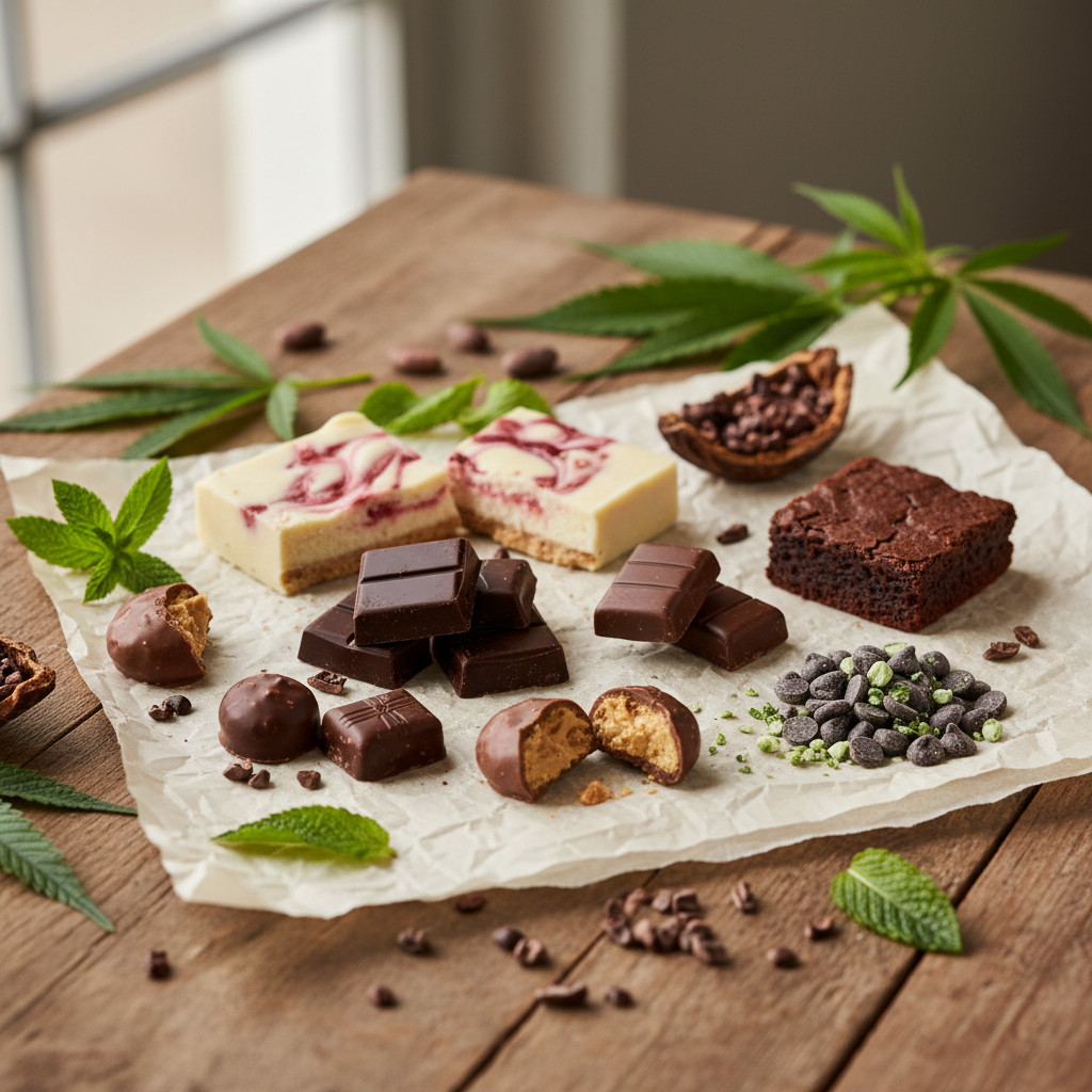A rustic arrangement of assorted cannabis-infused chocolates including dark chocolate squares, a white chocolate strawberry cheesecake piece, milk chocolate mini bars, peanut butter-filled pieces, a small brownie, cacao nibs, fresh mint leaves, and subtle hemp leaves in the background. Natural light and warm tones create an artisanal food-style photo.