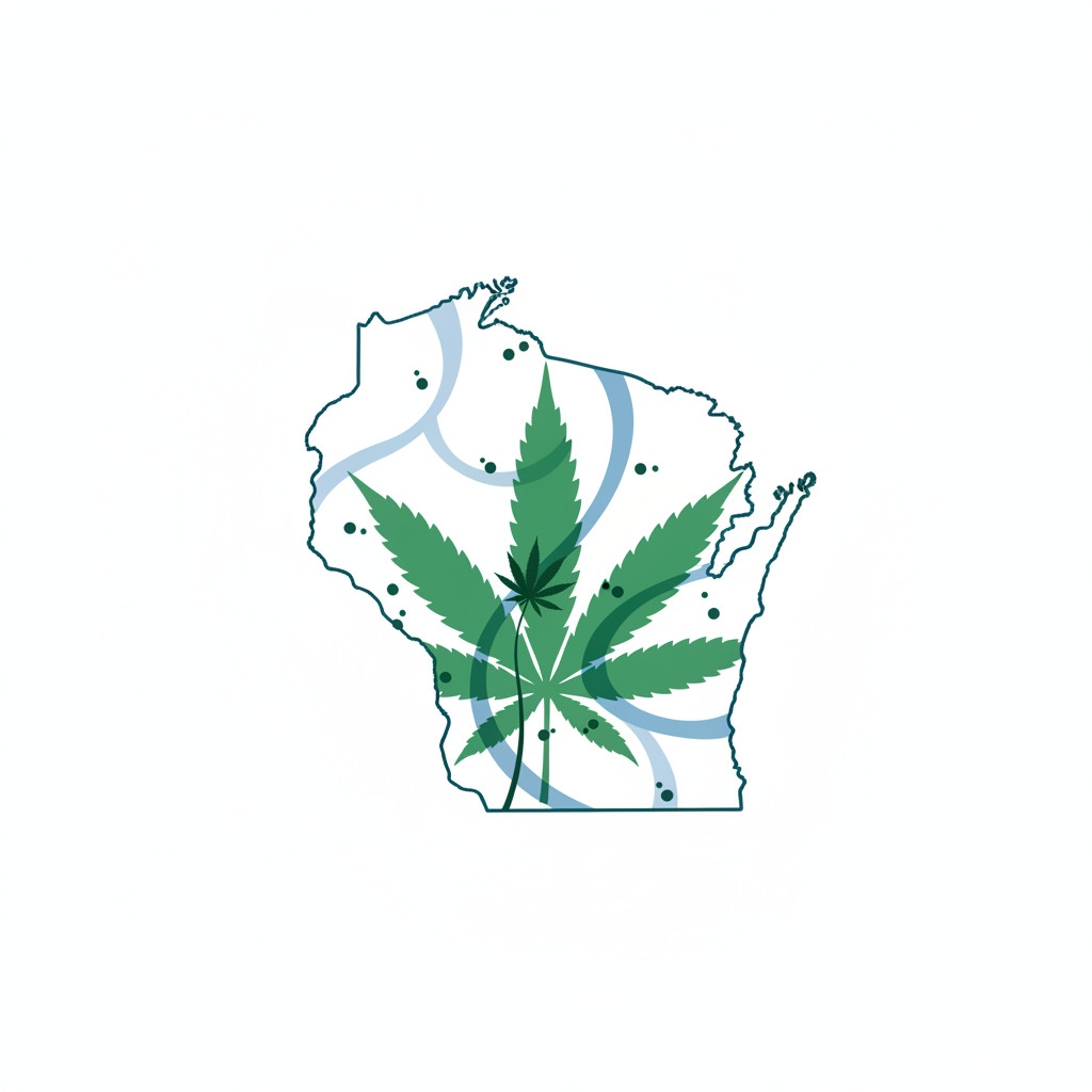 A minimalist map of Wisconsin with a stylized green cannabis leaf overlay at the state center, small hemp stalk silhouette and subtle city markers. The composition uses muted blue and green tones to keep the image clear and attention grabbing without text overlays.