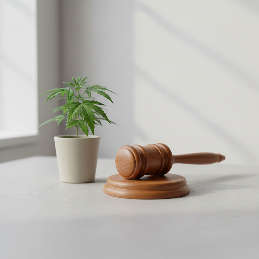 Hand holding a cannabis leaf beside a wooden gavel