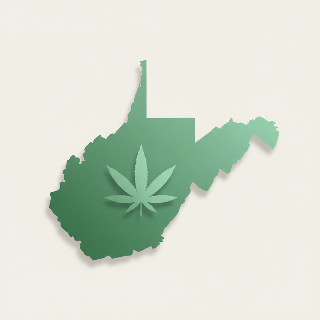 Map of West Virginia with a stylized cannabis leaf icon