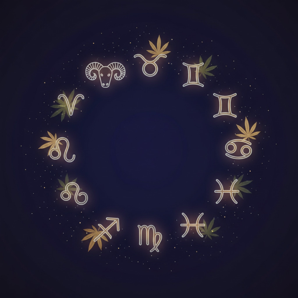 Zodiac symbols and cannabis leaves