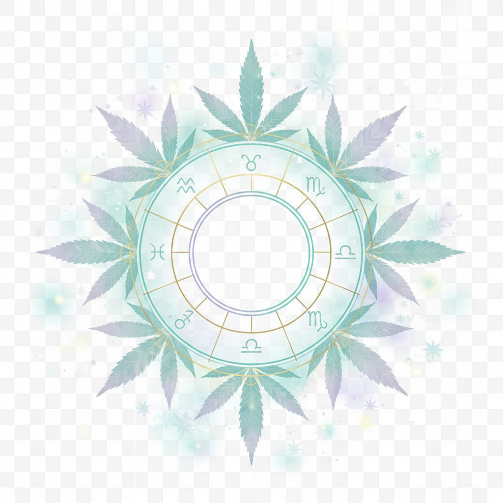 A soft pastel astral wheel with subtle zodiac glyphs integrated into stylized cannabis leaves, creating a bright, inviting blend of astrology and botanical motifs.