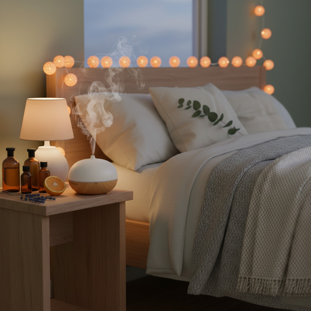 Calm aromatherapy bedroom with diffuser and botanicals