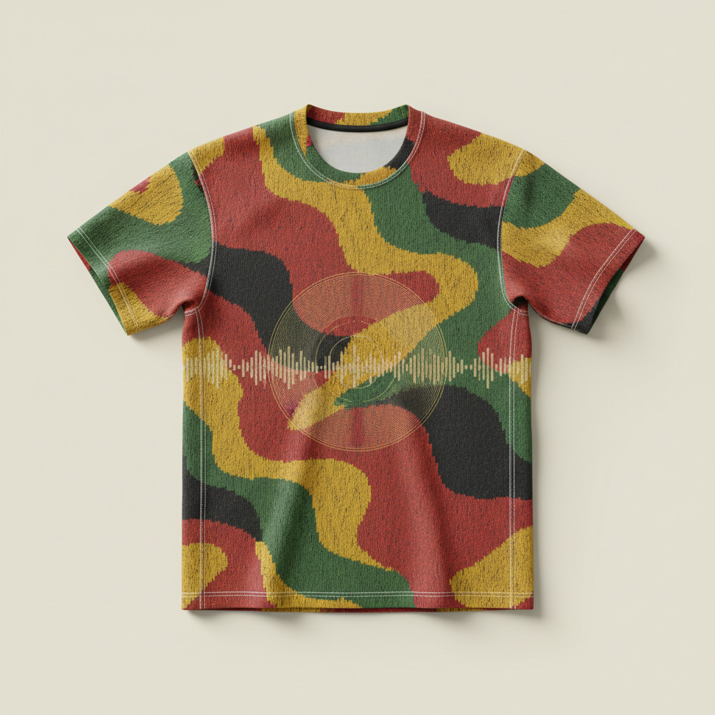 Front view of a Jamaica football jersey inspired by Bob Marley, blending reggae colors red, green, and yellow with Jamaica black and yellow in a dynamic abstract knit texture that includes subtle sound wave lines and a faint vinyl record ring. The jersey shows short sleeves, crew neck, and realistic fabric folds on a neutral light background.