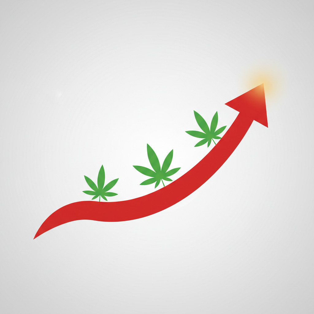 Clean minimal illustration of an upward red arrow shaped like a maple leaf path with three green cannabis leaf silhouettes rising along the arrow and a subtle gold glow at the tip to indicate a record peak. Optimized for web news use, no text in image.