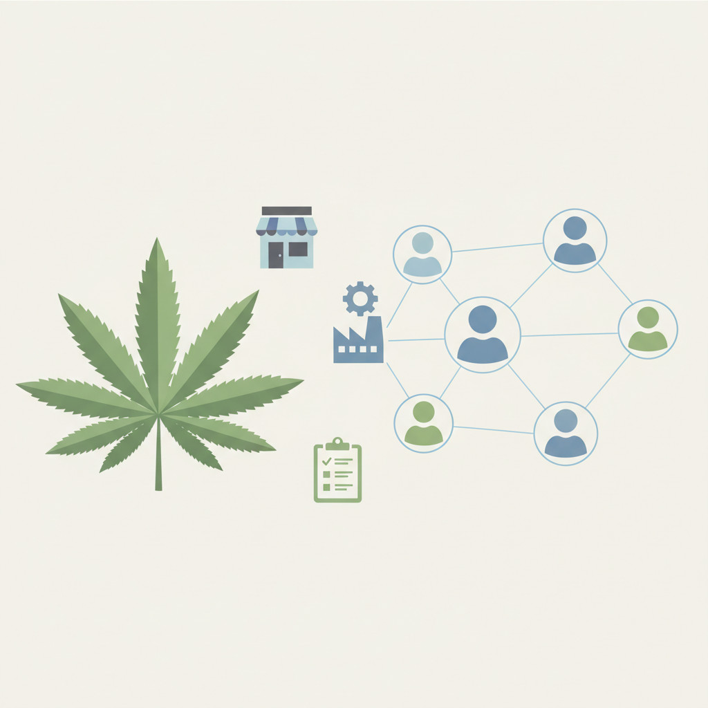 Illustration of a green cannabis plant beside a network of stylized people icons and job symbols showing retail, manufacturing, and compliance roles