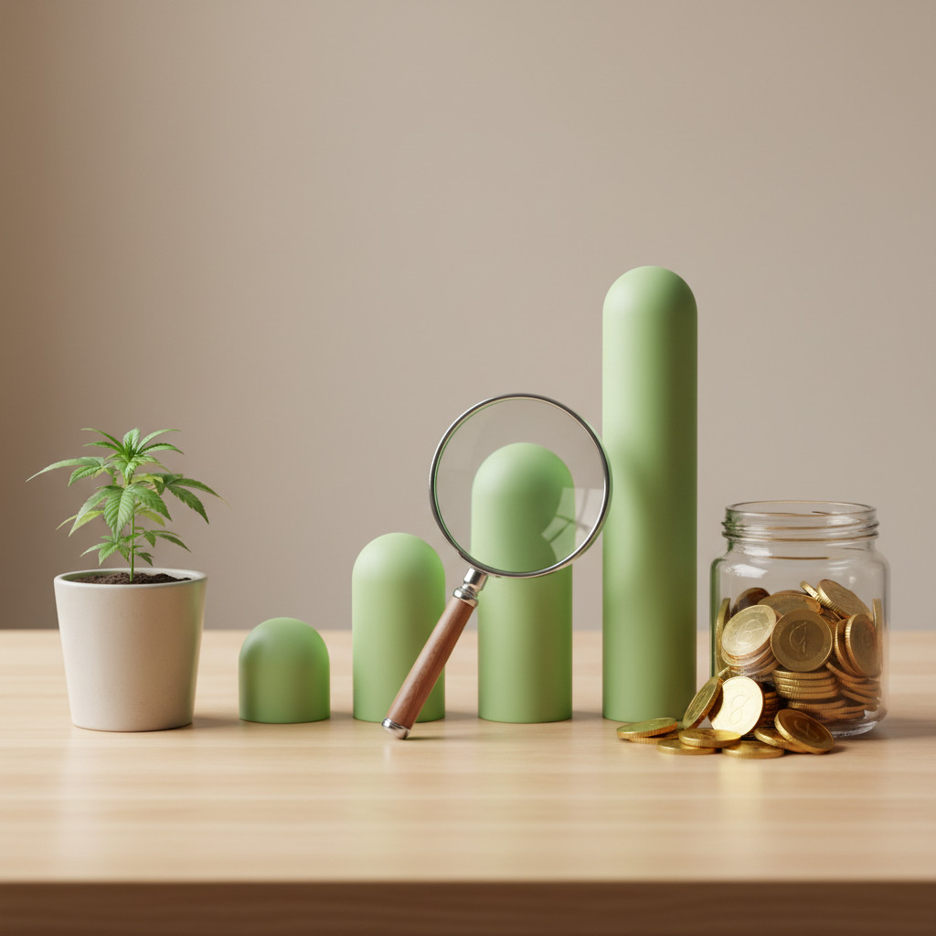 Simple visual showing a small cannabis plant beside a jar of coins and a minimal green bar chart with a magnifying glass to imply financial growth and analysis