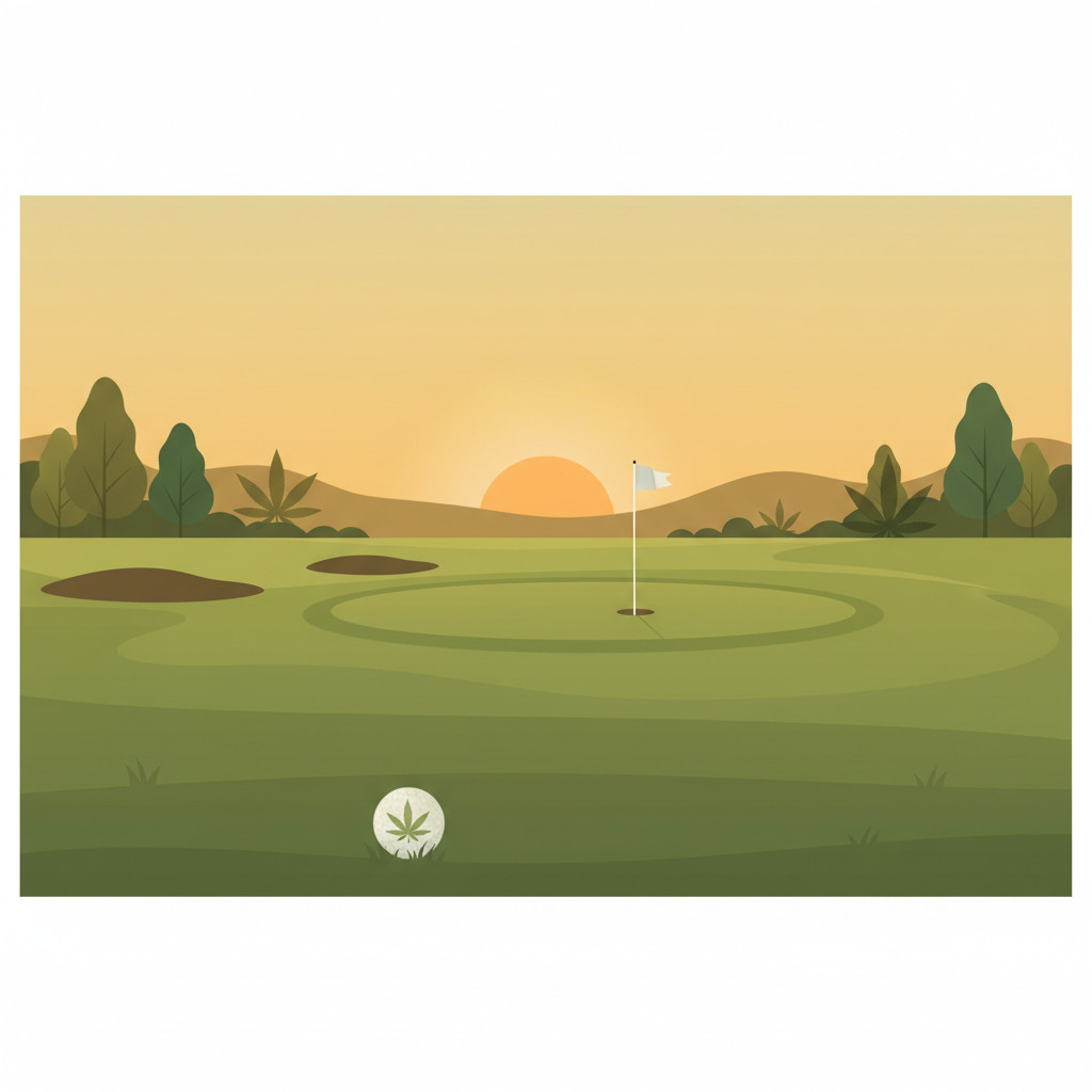 A minimalist golf fairway at golden hour with trees and bunkers subtly forming cannabis leaf shapes and a close foreground golf ball showing a faint embossed cannabis leaf.