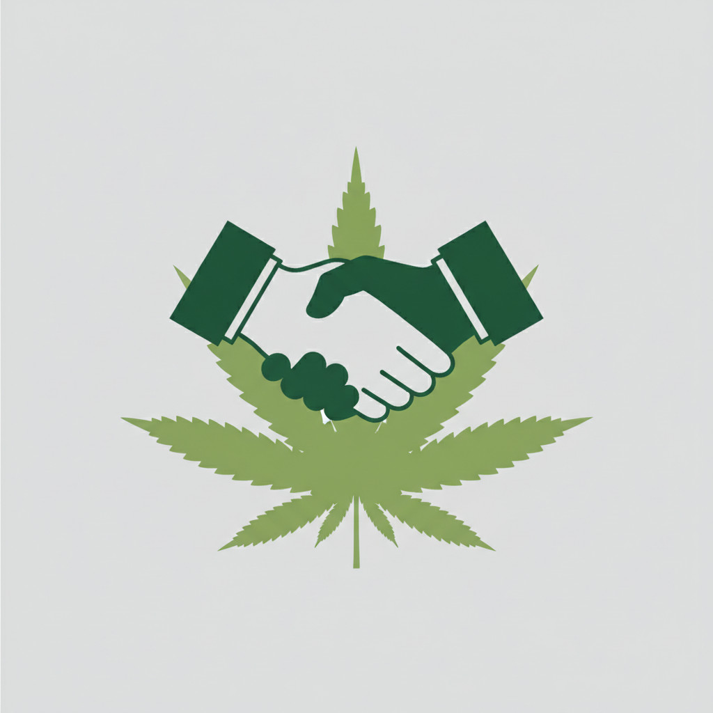 Handshake between cannabis industry partners over a stylized cannabis leaf