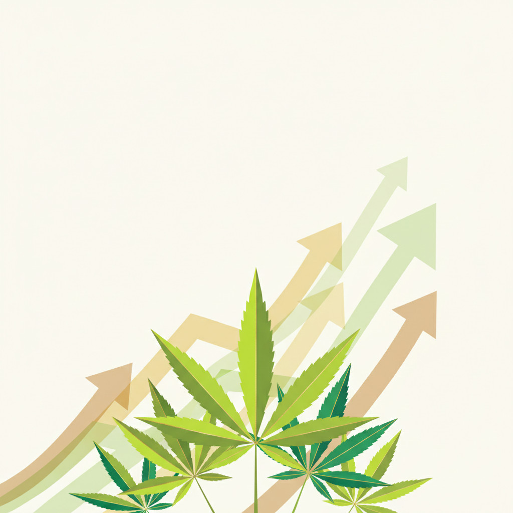 Illustration of healthy stylized cannabis plants with upward arrows behind them symbolizing Q4 growth and positive momentum in the cannabis industry.