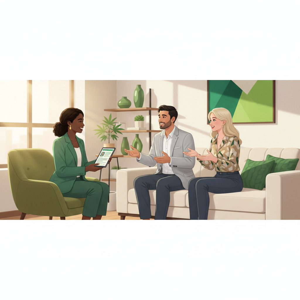 A contemporary scene of three diverse professionals in a green-themed lounge. One person holds a tablet showing a resume layout. A potted cannabis plant sits subtly in the background. Soft natural lighting and friendly expressions create a warm, professional vibe.
