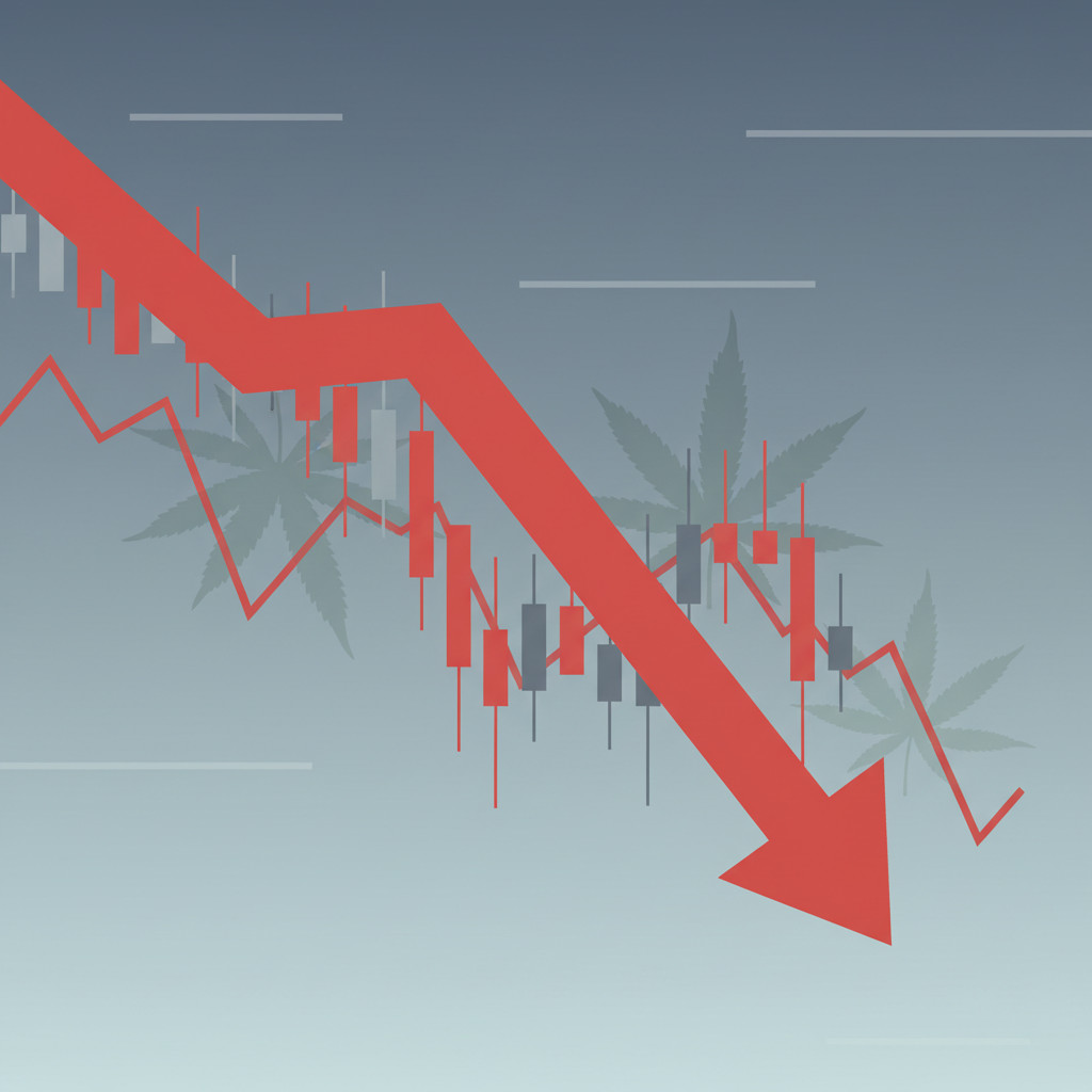 Simple vector-style illustration showing a downward red arrow over a falling stock chart with subtle cannabis leaf silhouettes integrated into the graph lines, muted blue and gray background, no text.