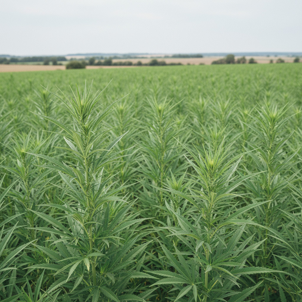 Photorealistic close-up of Carmanecta hemp stems and palmate leaves in a neat field under soft daylight. Healthy green stalks in the foreground with rows of hemp fading to the horizon.