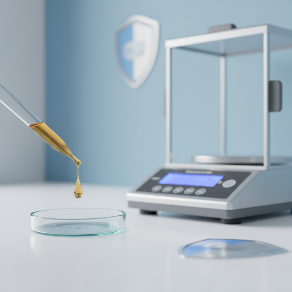 Close up of a glass dropper releasing a single amber oil droplet into a clear petri dish beside a precision balance in a clean laboratory setting. The composition emphasizes controlled dosage, measurement, and regulatory safety.
