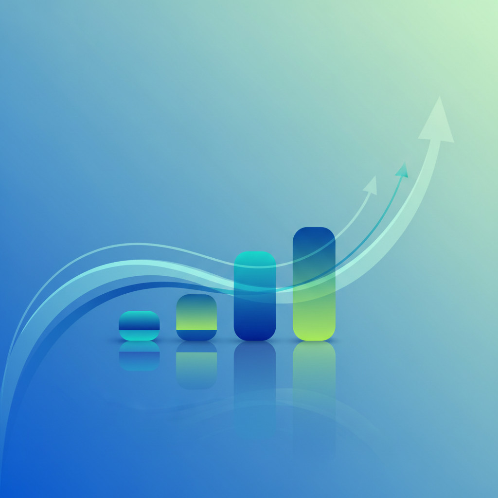 Abstract illustration of financial notes and upward trends in blue and green tones