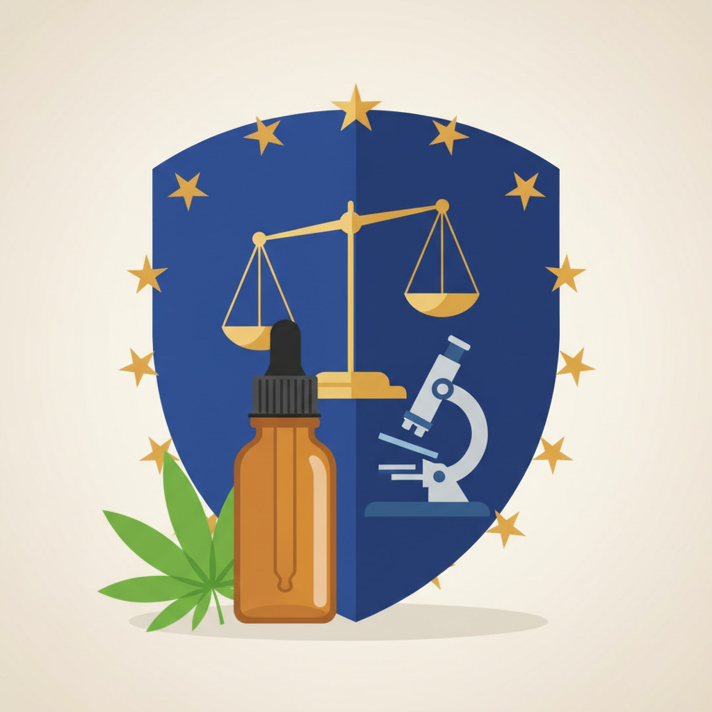 Vector illustration showing an amber dropper bottle, a hemp leaf, a shield in EU blue with a ring of gold stars, a balanced scale and a microscope to symbolize EFSA oversight and scientific safety assessment of CBD products.