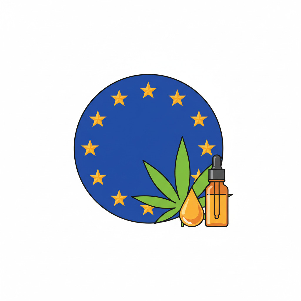 Simple vector showing EU stars, a stylized hemp leaf, and a CBD oil drop to represent the regulatory landscape for cannabidiol in Europe.