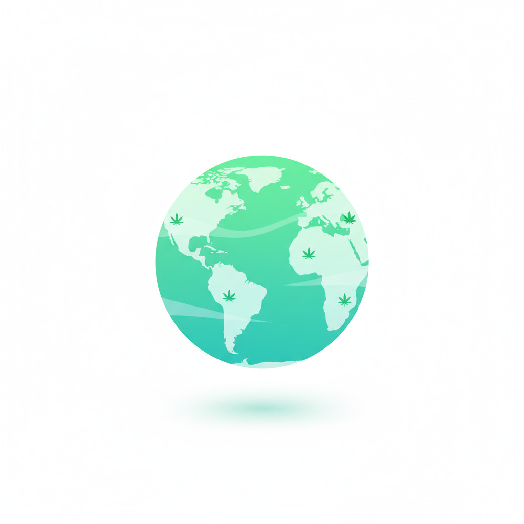 Clean modern globe with subtle cannabis leaf icons marking continents to represent international market expansion and global cannabis growth.