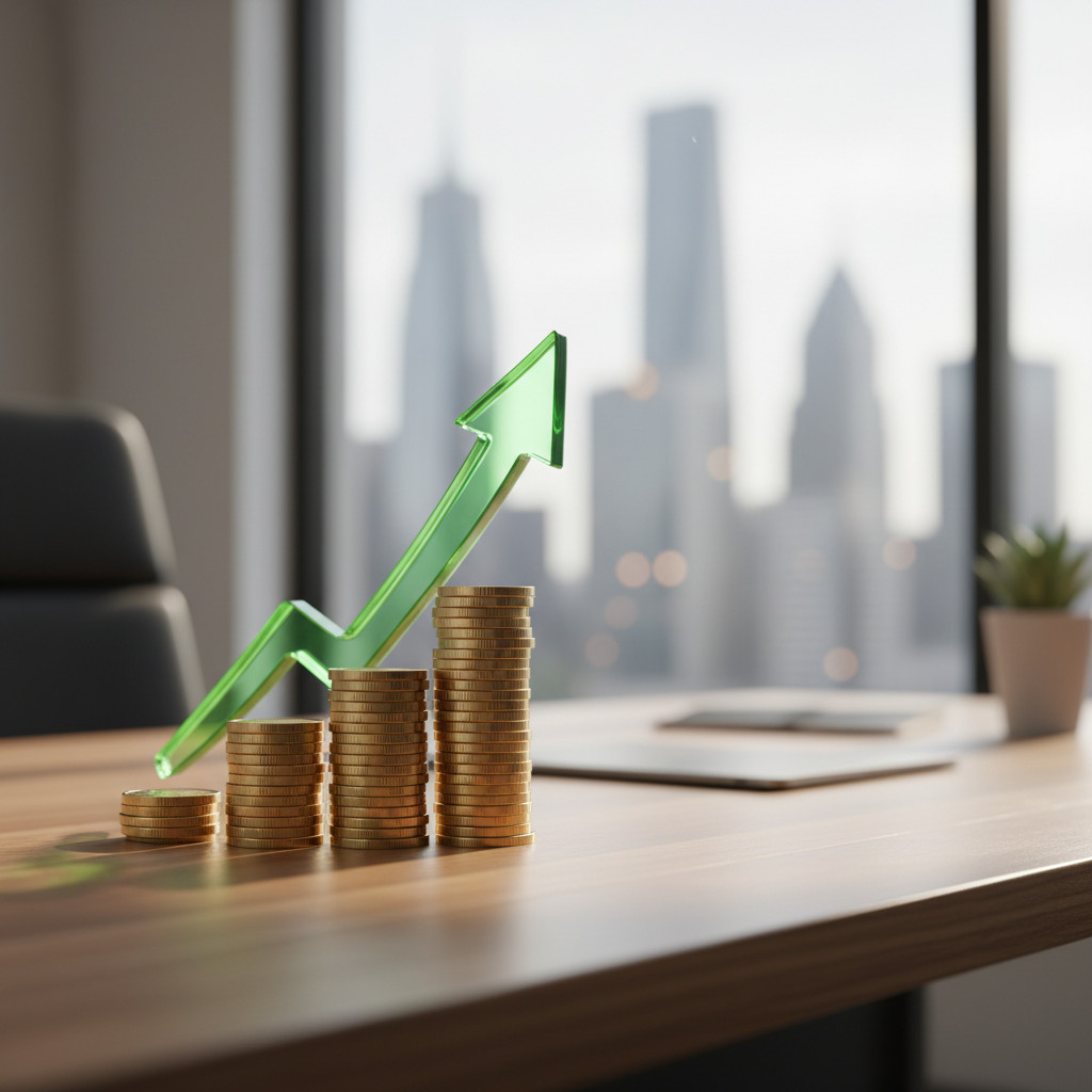 Modern desk with a neat stack of gold coins and a translucent green arrow pointing up against a blurred city skyline, symbolizing corporate financing growth and liquidity.
