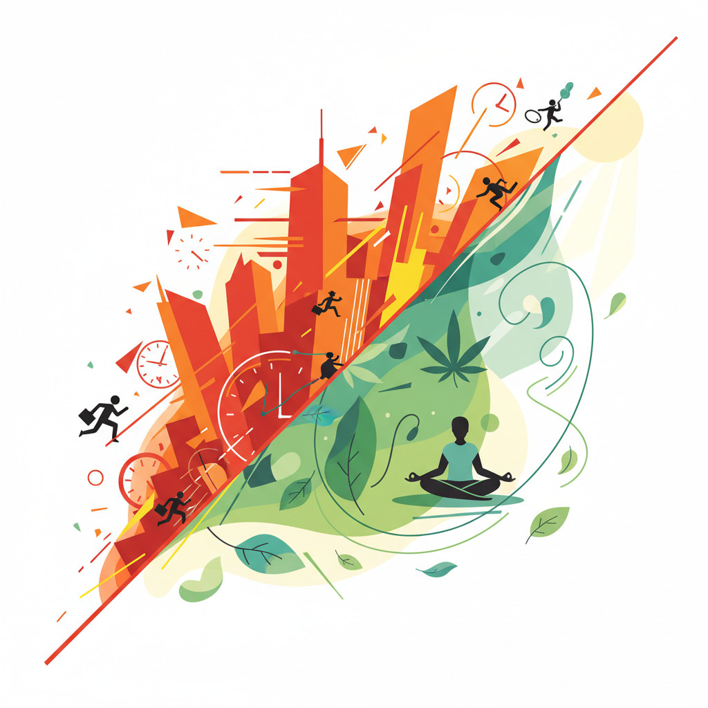A vibrant split-scene illustration contrasting the frenetic energy of hustle culture on the left with a calm, green, meditative scene on the right. The left uses electric orange and red tones with blurred city motion; the right uses soft greens and teals with a relaxed figure and subtle cannabis leaf among gentle plants.