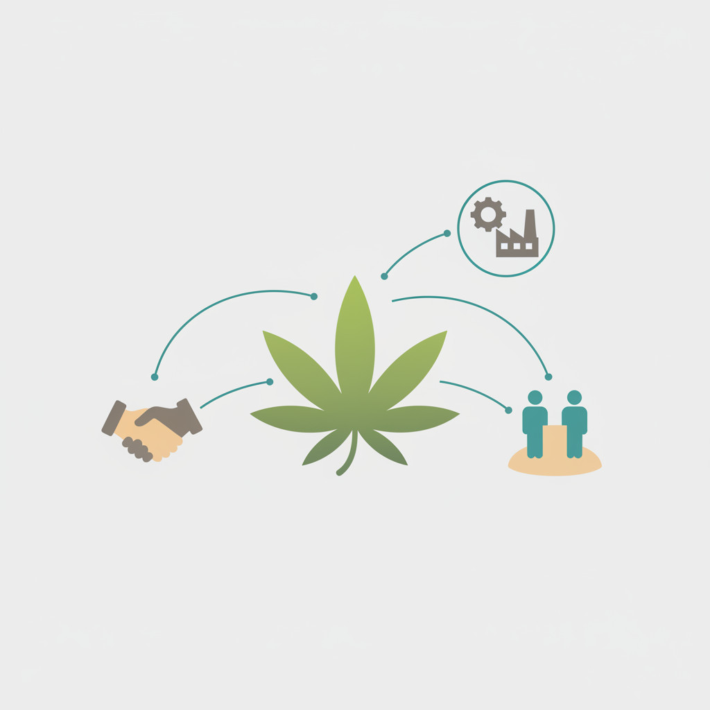 Illustration of a centered cannabis leaf with three connecting icons for partnership handshake, outsourcing gear and factory, and a small stage with speakers. Clean flat design in soft greens and warm grays.