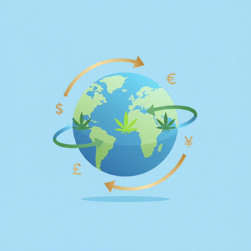 Illustration of a stylized globe surrounded by cannabis leaves, trade arrows, and currency symbols to represent the International cannabis opportunity.