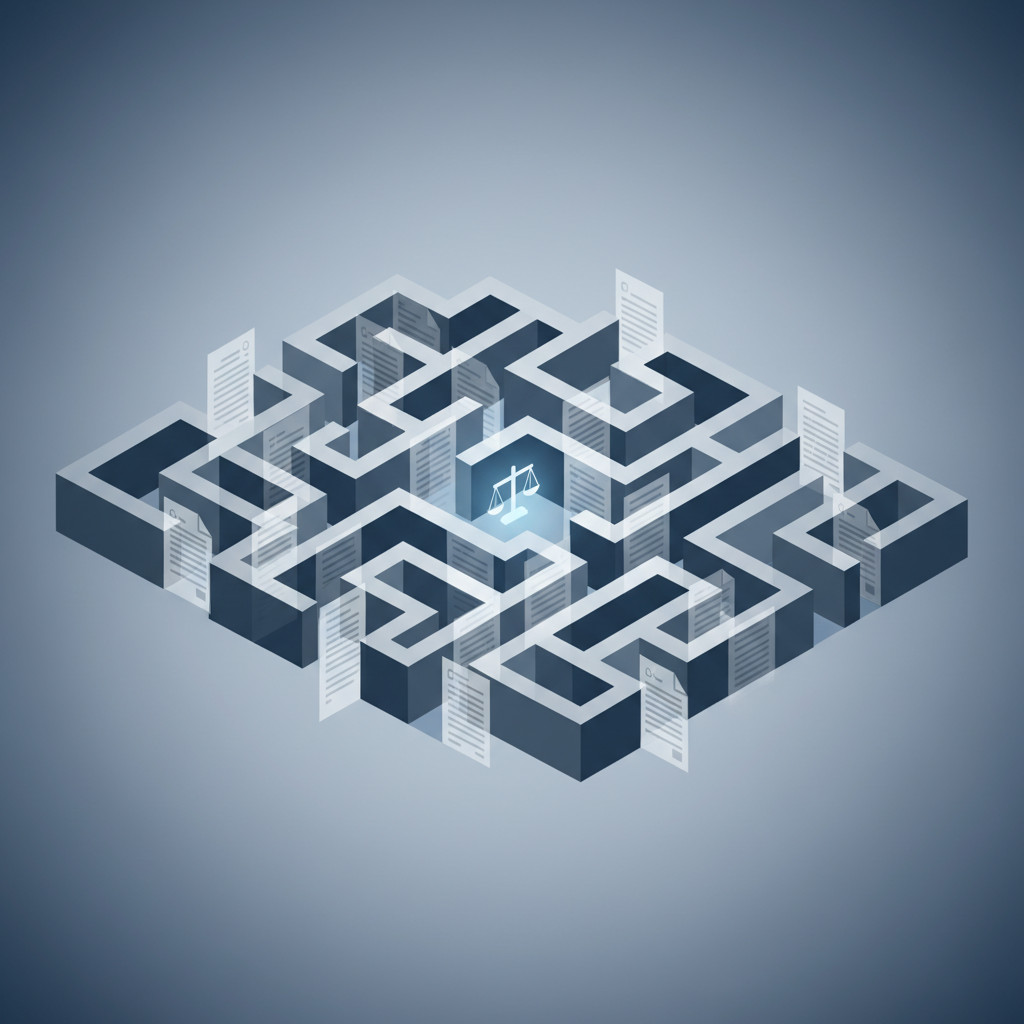 Legal maze and scales of justice