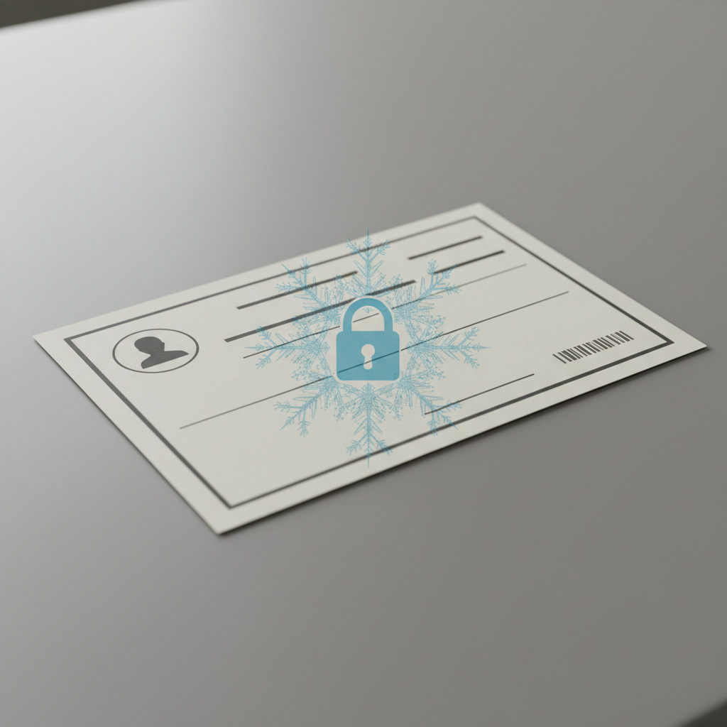 A symbolic license document on a neutral table with a translucent ice blue snowflake and padlock icons overlaid to represent a frozen licensing status.