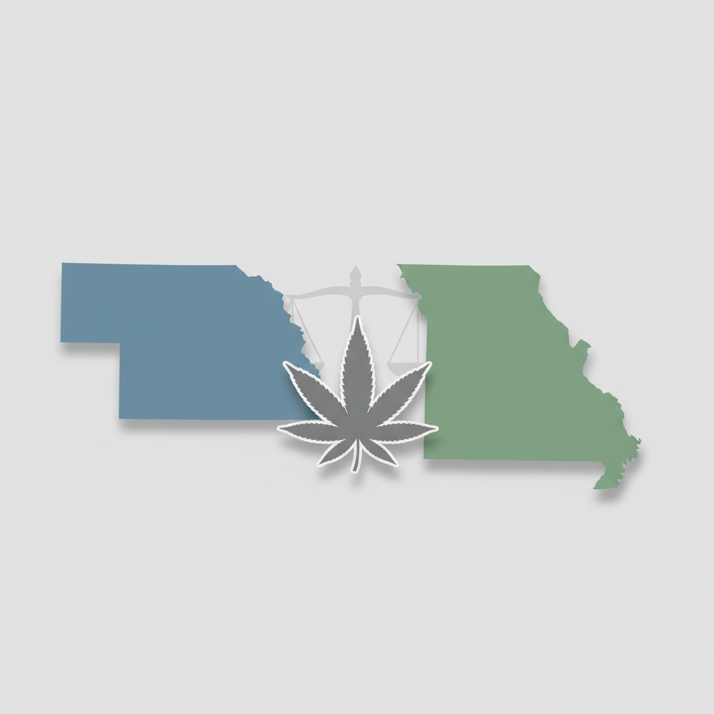 Minimal flat-vector illustration showing Nebraska and Missouri outlines with a centered cannabis leaf and subtle scales of justice icon, soft blue and green palette, light-gray background.