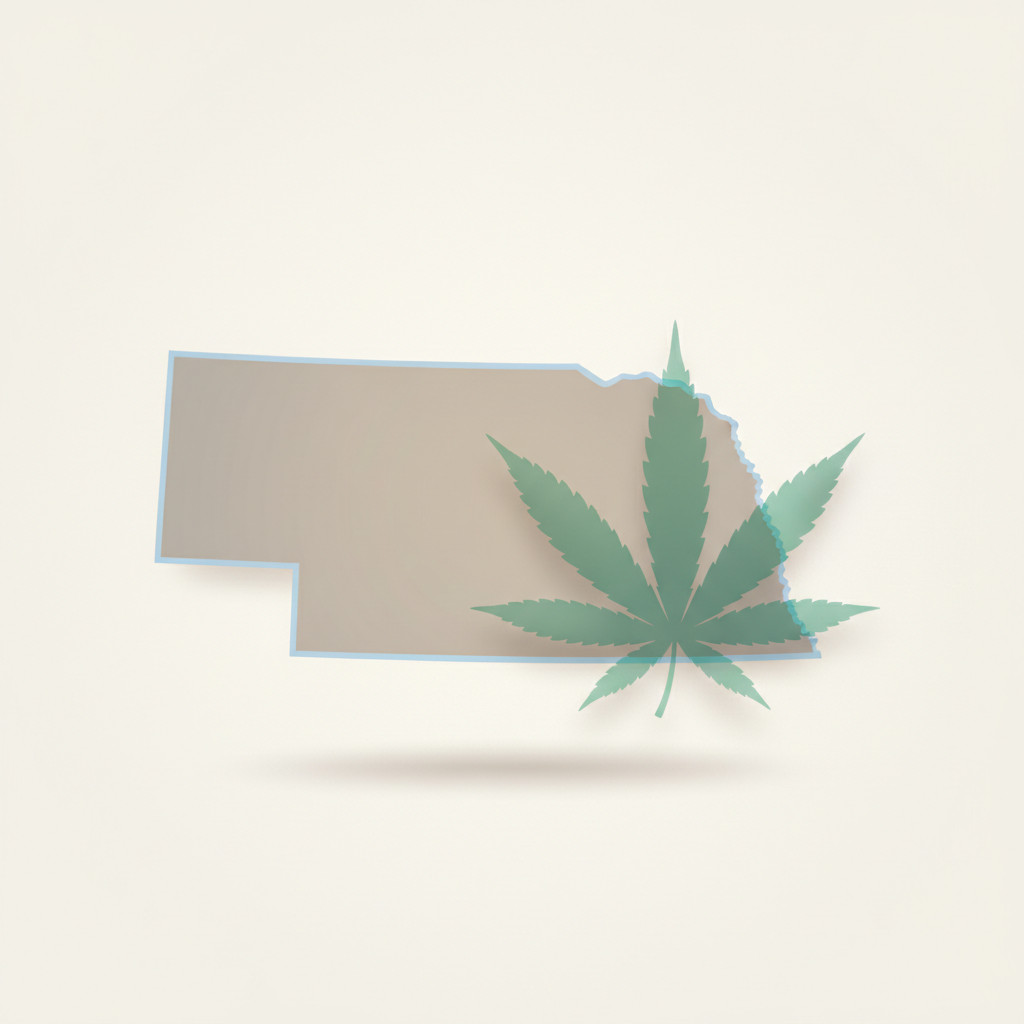 Soft outline of Nebraska with a translucent cannabis leaf integrated behind the map. Muted greens and blues on a neutral textured background. No text.