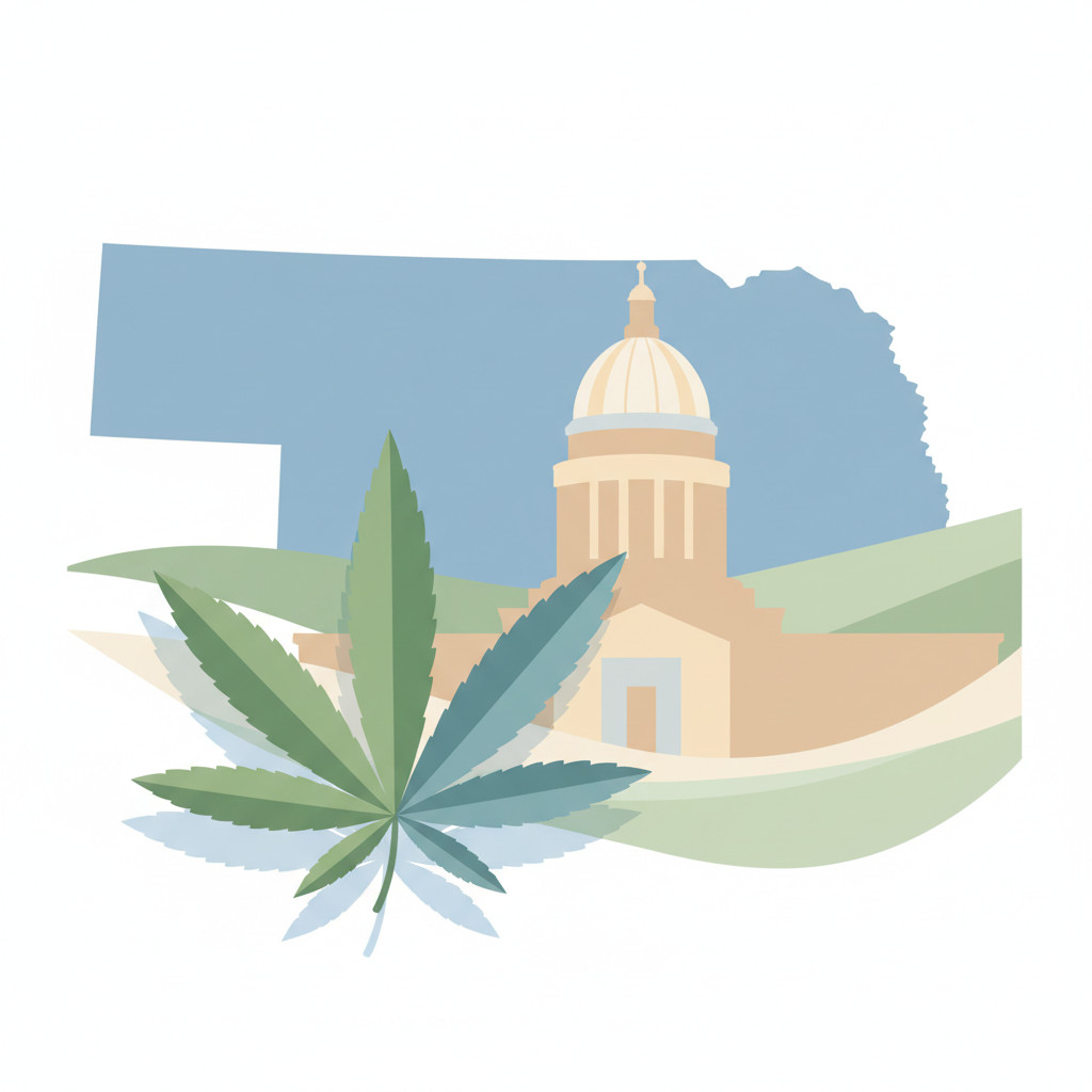 Illustration showing a stylized medical cannabis leaf over a subtle outline of Nebraska with an abstract capitol dome in the background. Muted blues, greens, and neutral tones create a calm, modern look suitable for a news article.