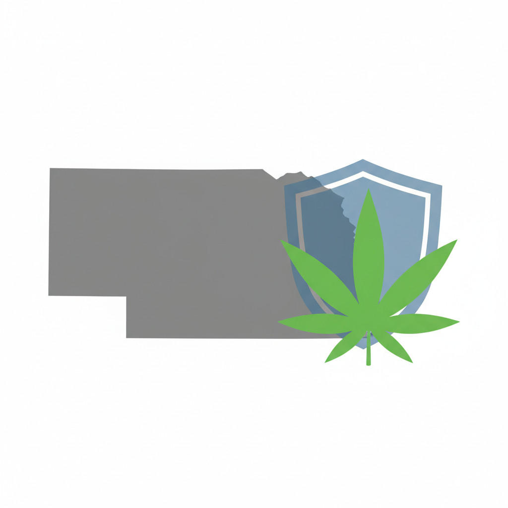 Simple vector-style graphic showing the outline of Nebraska with a green cannabis leaf overlapping a subtle blue shield, symbolizing the state's medical cannabis legal status and protection questions.